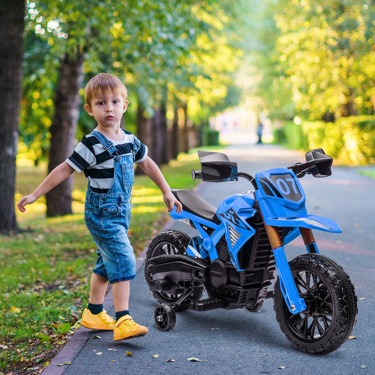 AIYAPLAY Electric Motorcycle for Kids Ages 3-8 with 12V Dual Motors, Training Wheels and Horn, 3 km/h, 30kg Capacity, Blue