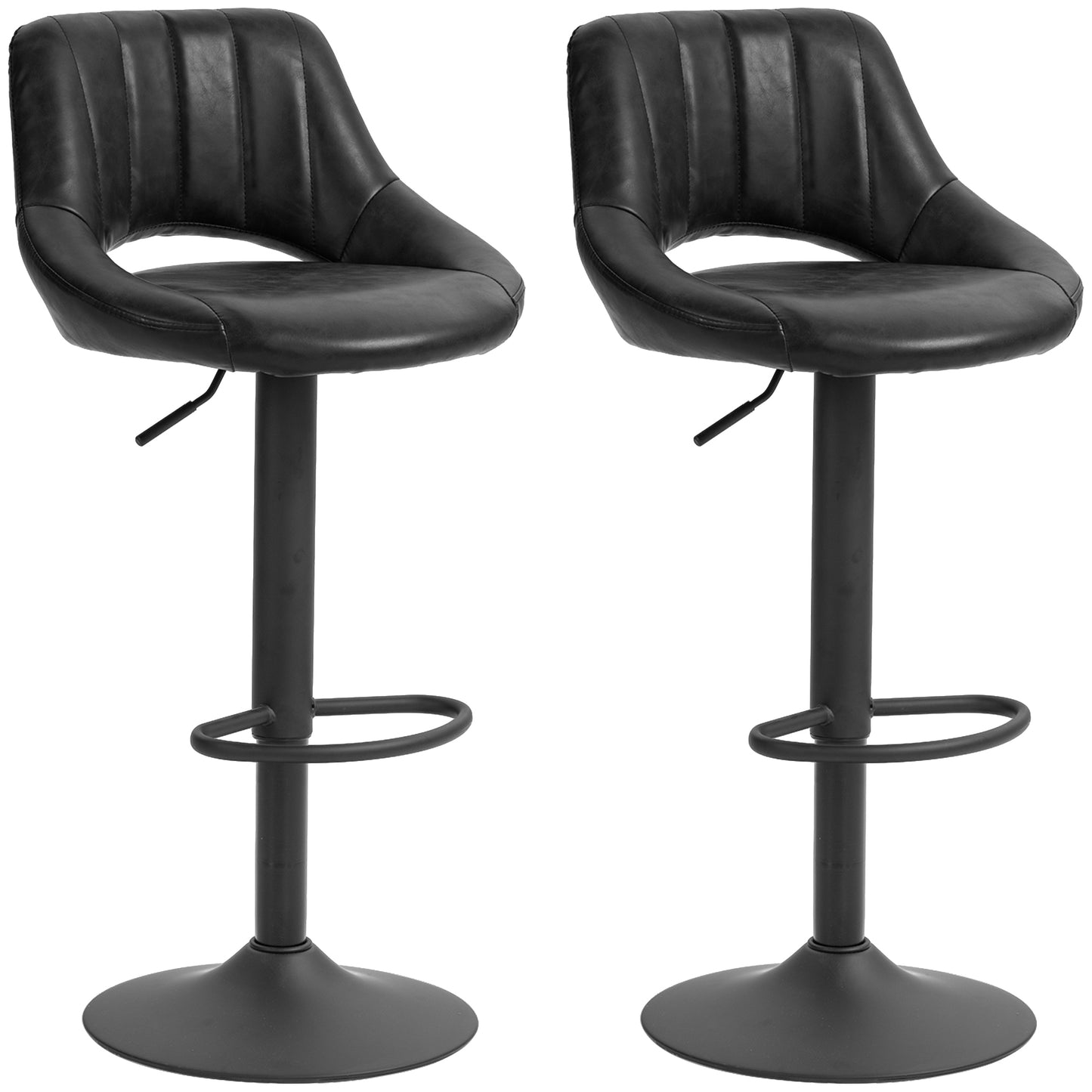 Set of 2 Bar Stools with Adjustable Height, Footrest and Swivel Seat in Faux Leather, Black