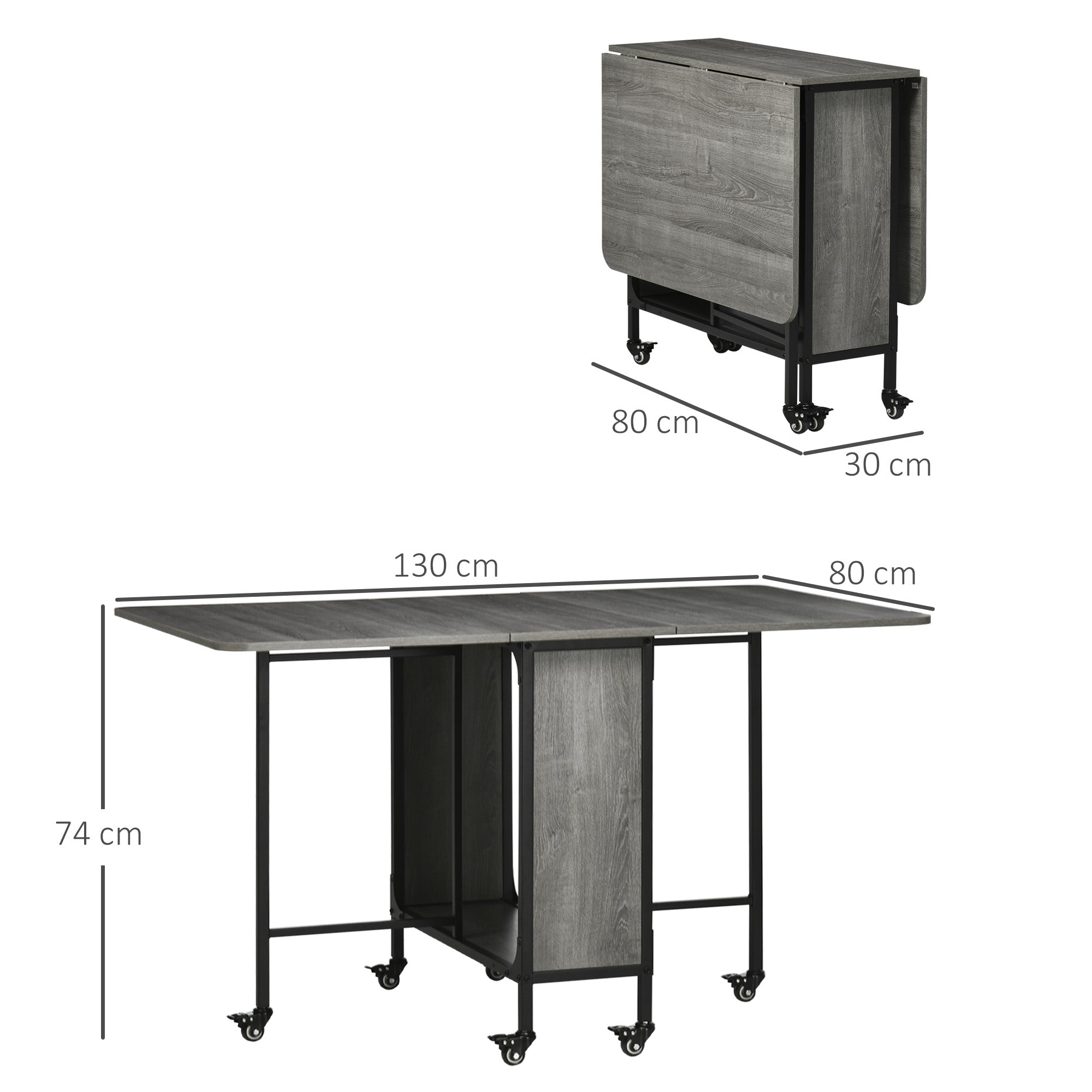 Folding Dining Table for up to 6 People with Shelf, in Wood and Metal, 130x80x74 cm, Grey