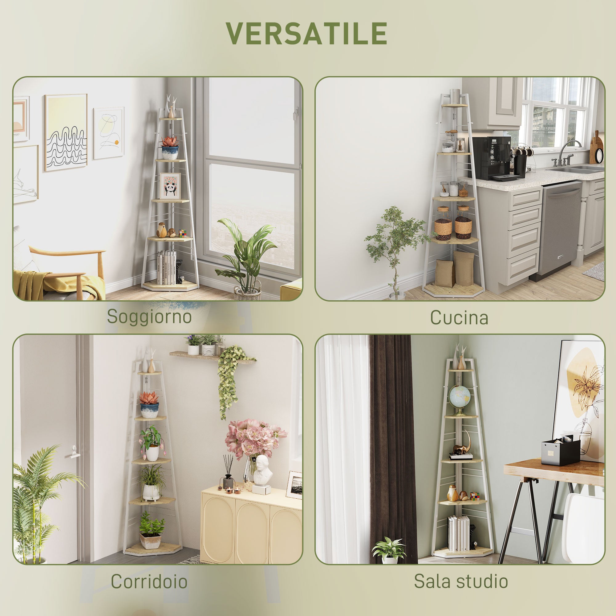 5-Tier Corner Bookcase with Folding Frame and Adjustable Feet, Wood Color