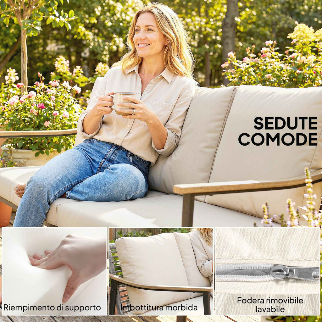 Outsunny 3-Seater Rattan Outdoor Sofa with Wood-Effect Armrests and Backrest, for Porch, Patio, Khaki