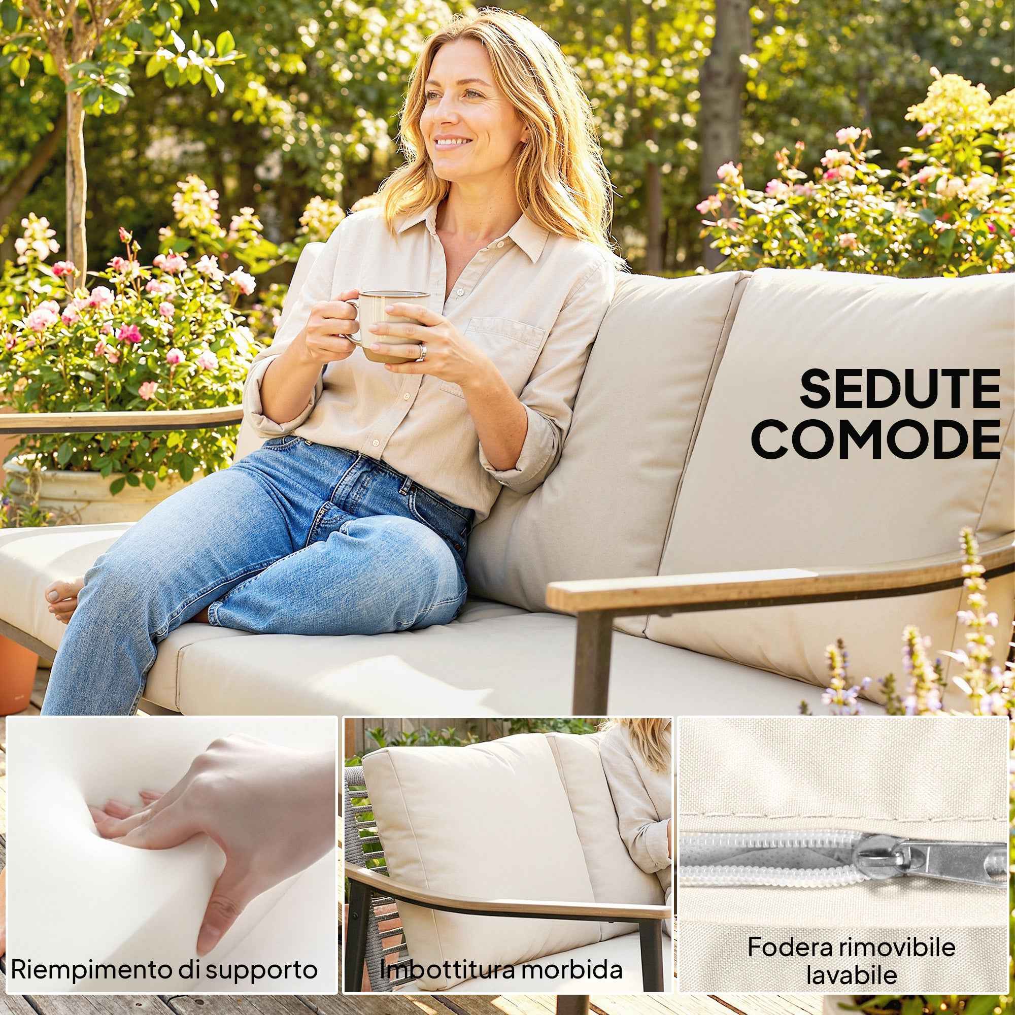 Outsunny 3-Seater Rattan Outdoor Sofa with Wood-Effect Armrests and Backrest, for Porch, Patio, Khaki