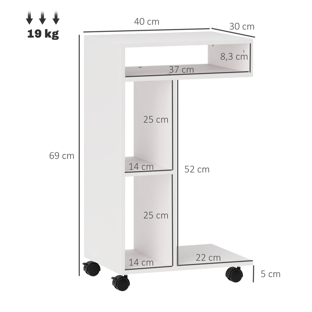 HOMCOM C-Shaped Wooden Coffee Table with Wheels and Open Shelf, 40x30x69 cm, White