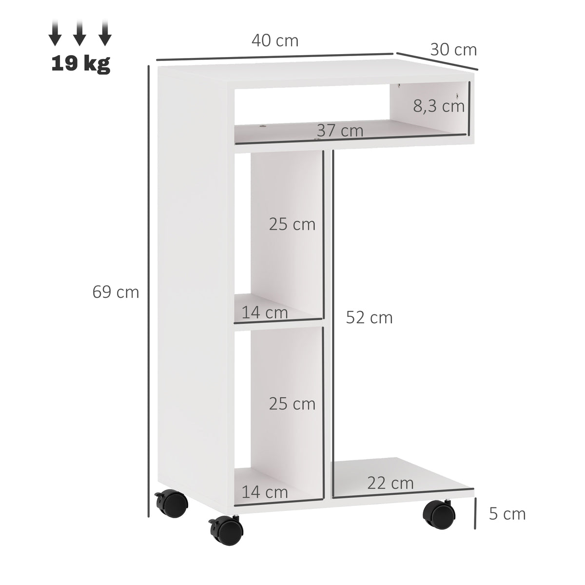 HOMCOM C-Shaped Wooden Coffee Table with Wheels and Open Shelf, 40x30x69 cm, White