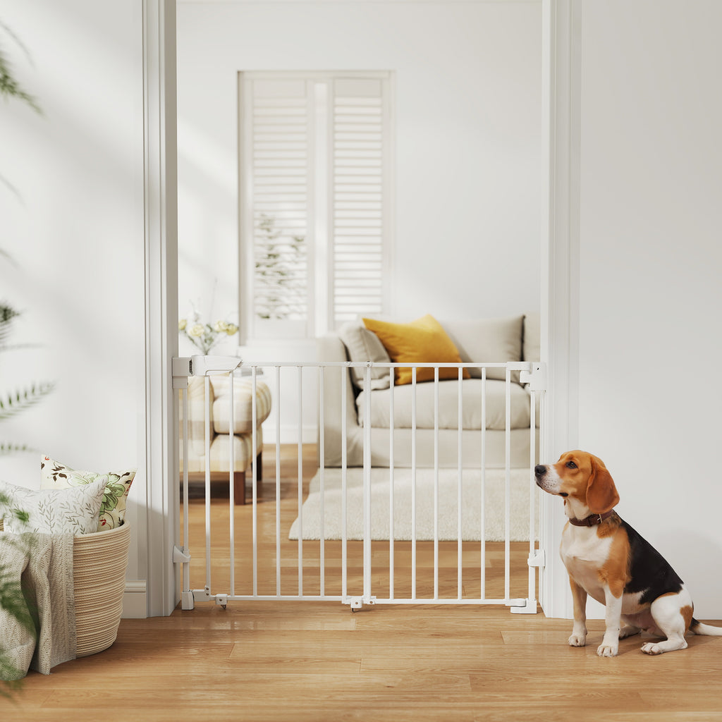 PawHut Dog Safety Gate, 74.5-111.5x74.5 cm, Stairs, Self-Closing, One-Handed Opening, White