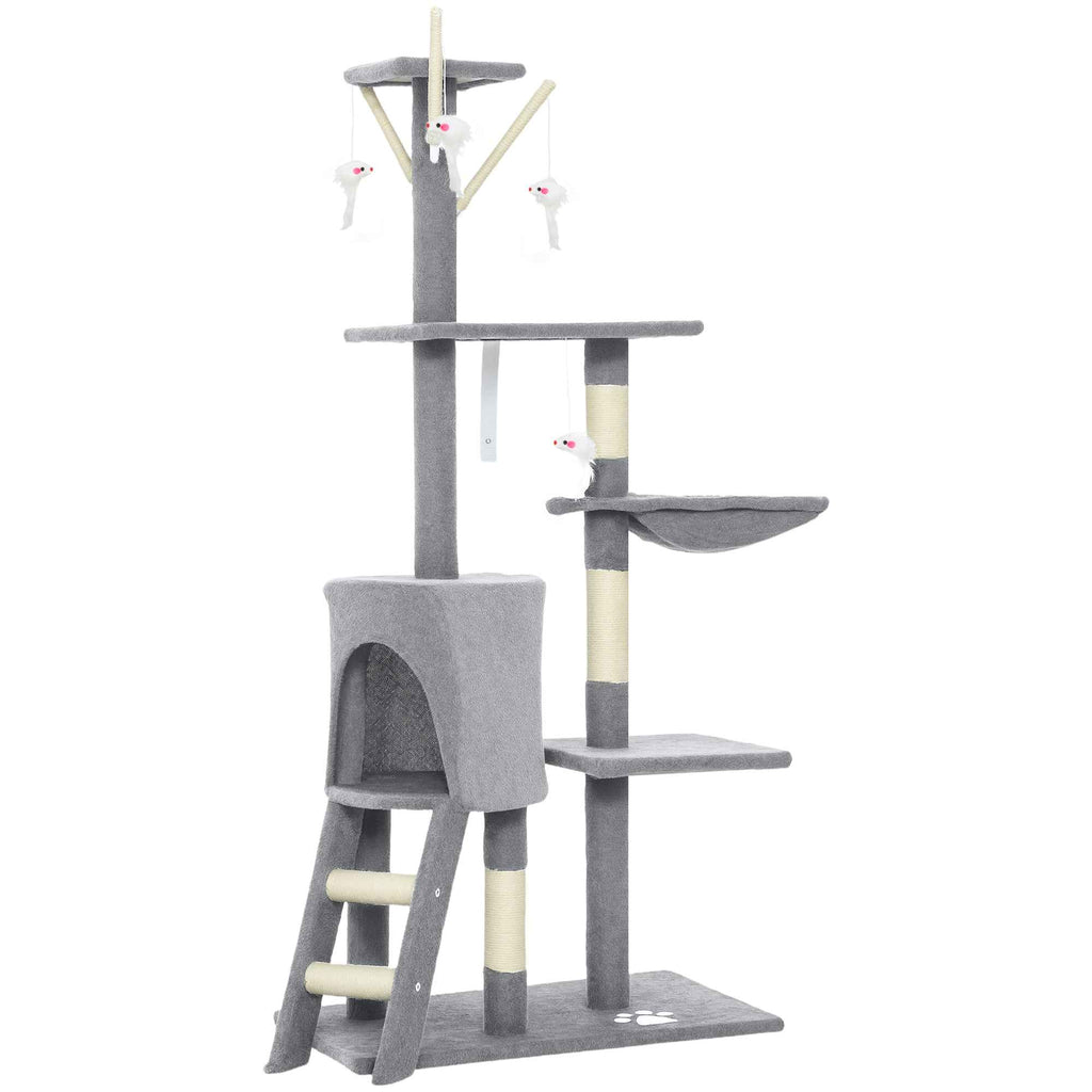 PawHut Cat Tower with House, Perch, Platforms and 4 Mice, Made of Wood, Plush and Sisal, 60x35x134 cm, Grey