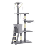 PawHut Cat Tower with House, Perch, Platforms and 4 Mice, Made of Wood, Plush and Sisal, 60x35x134 cm, Grey