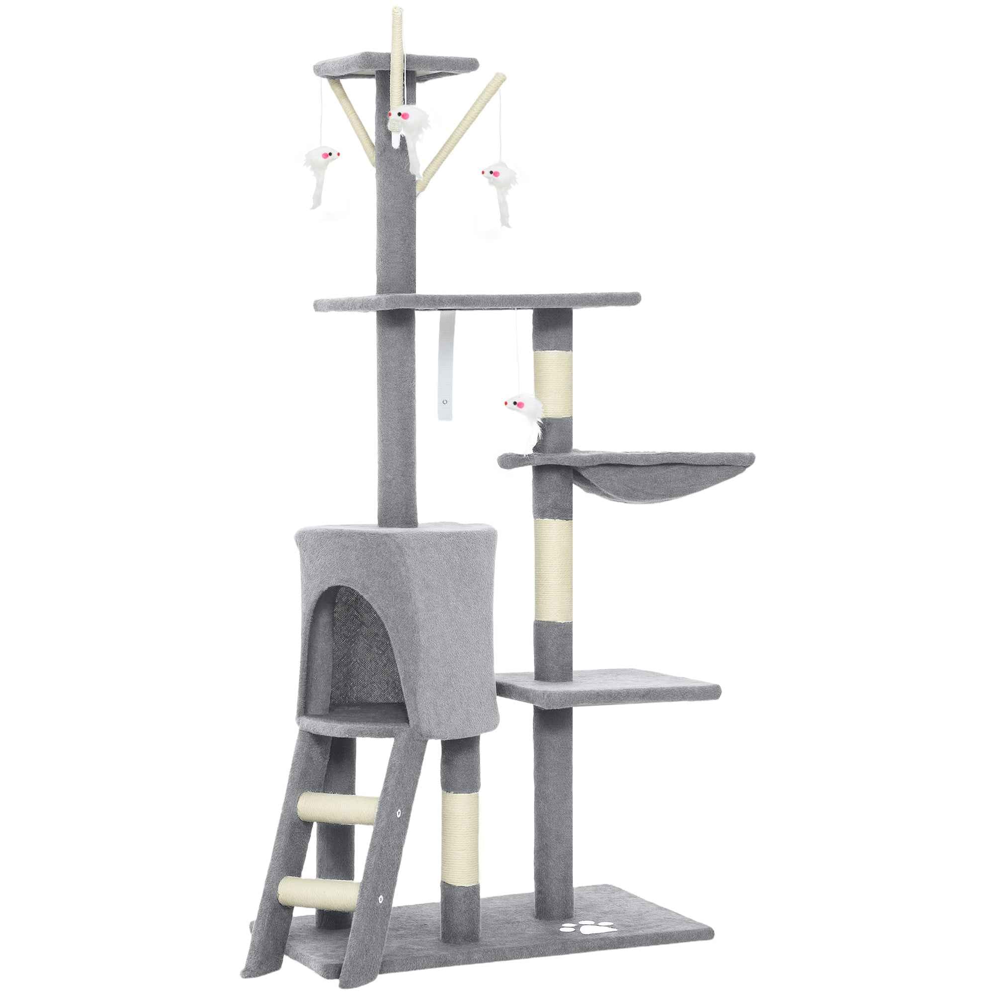 PawHut Cat Tower with House, Perch, Platforms and 4 Mice, Made of Wood, Plush and Sisal, 60x35x134 cm, Grey