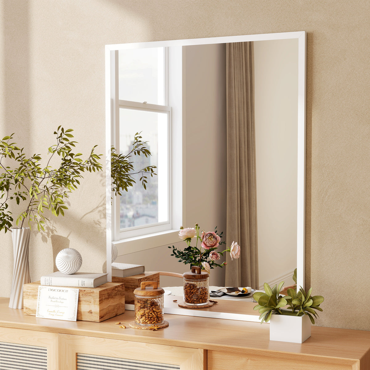 HOMCOM Rectangular Wall-Mounted Bathroom Mirror with Hooks, Glass and MDF Bedroom Mirror, 70x90 cm, White