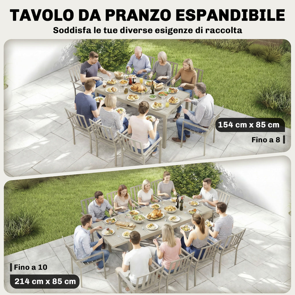Extendable Garden Table for 8-10 People, in Aluminum and Steel, 154/214x85x75 cm, Light Gray