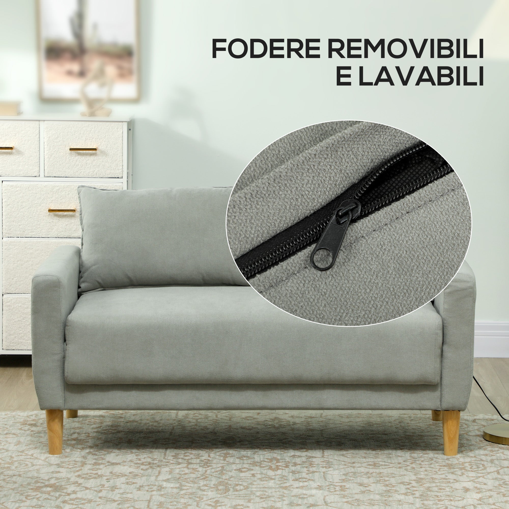2 Seater Velvet Sofa with Lower Storage Compartment and Cushions, 140x72x82 cm, Grey