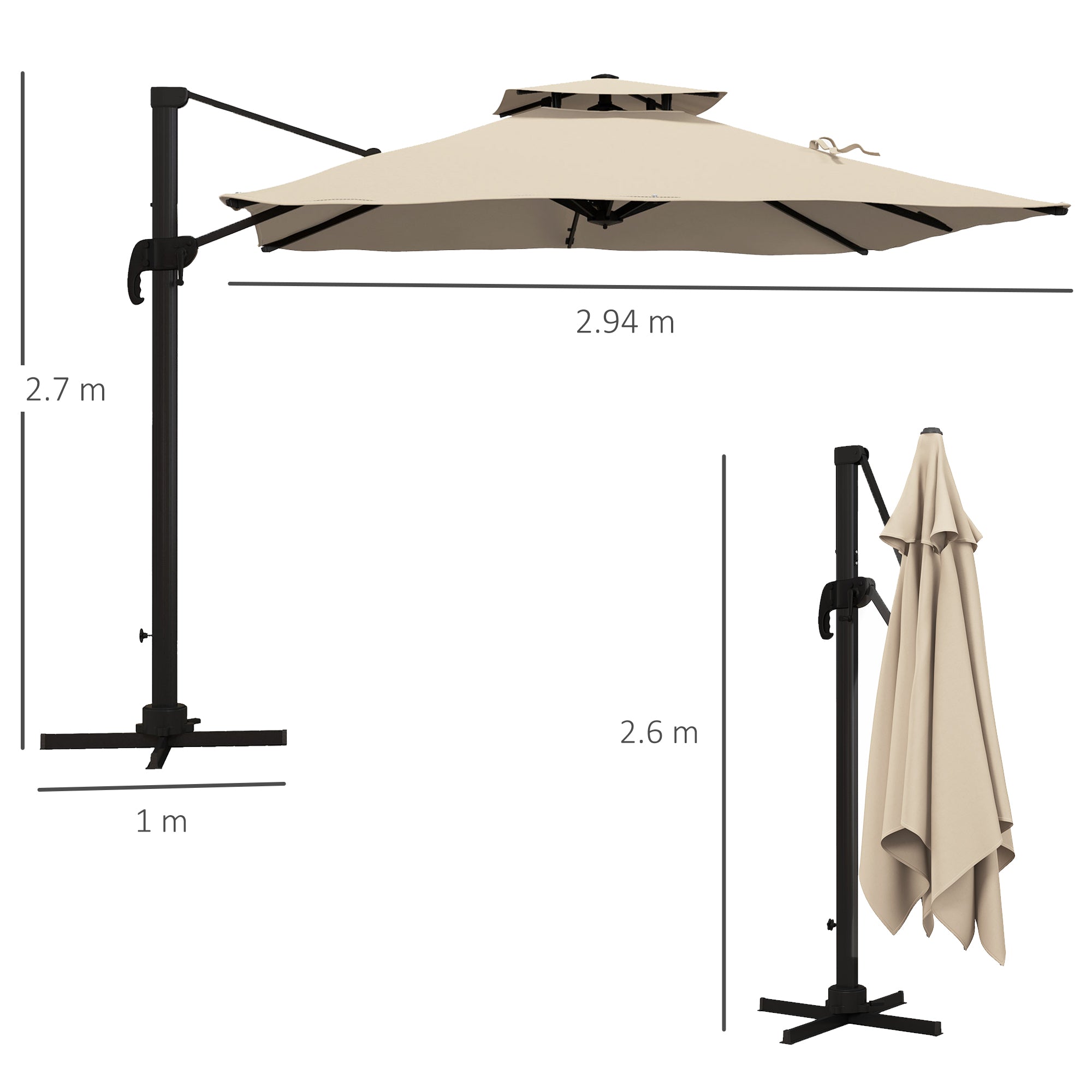 3x3 m 6-Position Tiltable Cantilever Umbrella in Aluminum and Polyester, Khaki