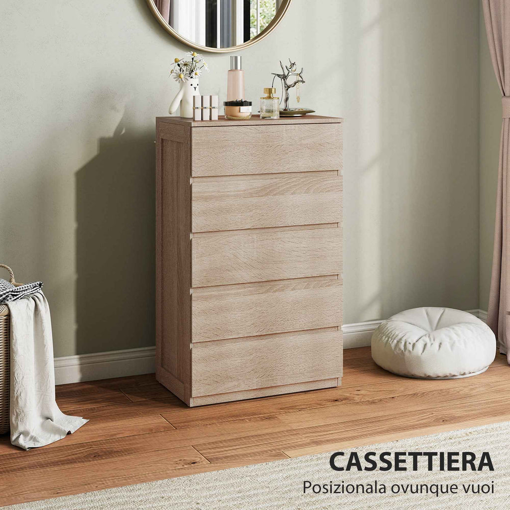 HOMCOM 5-Drawer Wooden Chest of Drawers with Metal Rails and Grooved Handles, 60x39x100 cm, Beech Color