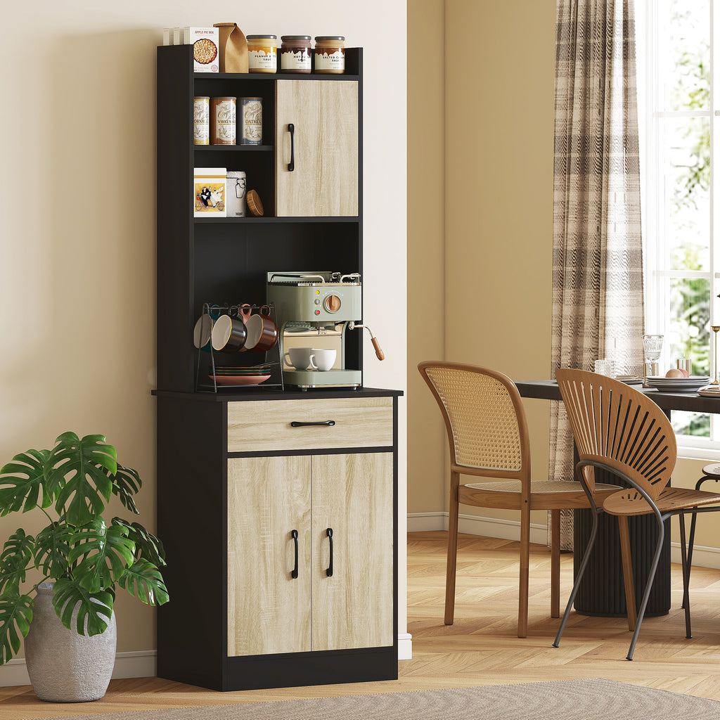 Wooden Pantry Cabinet with Drawer, 2 Open Shelves and Cabinets, 60x40x180 cm, Black and Wood Color