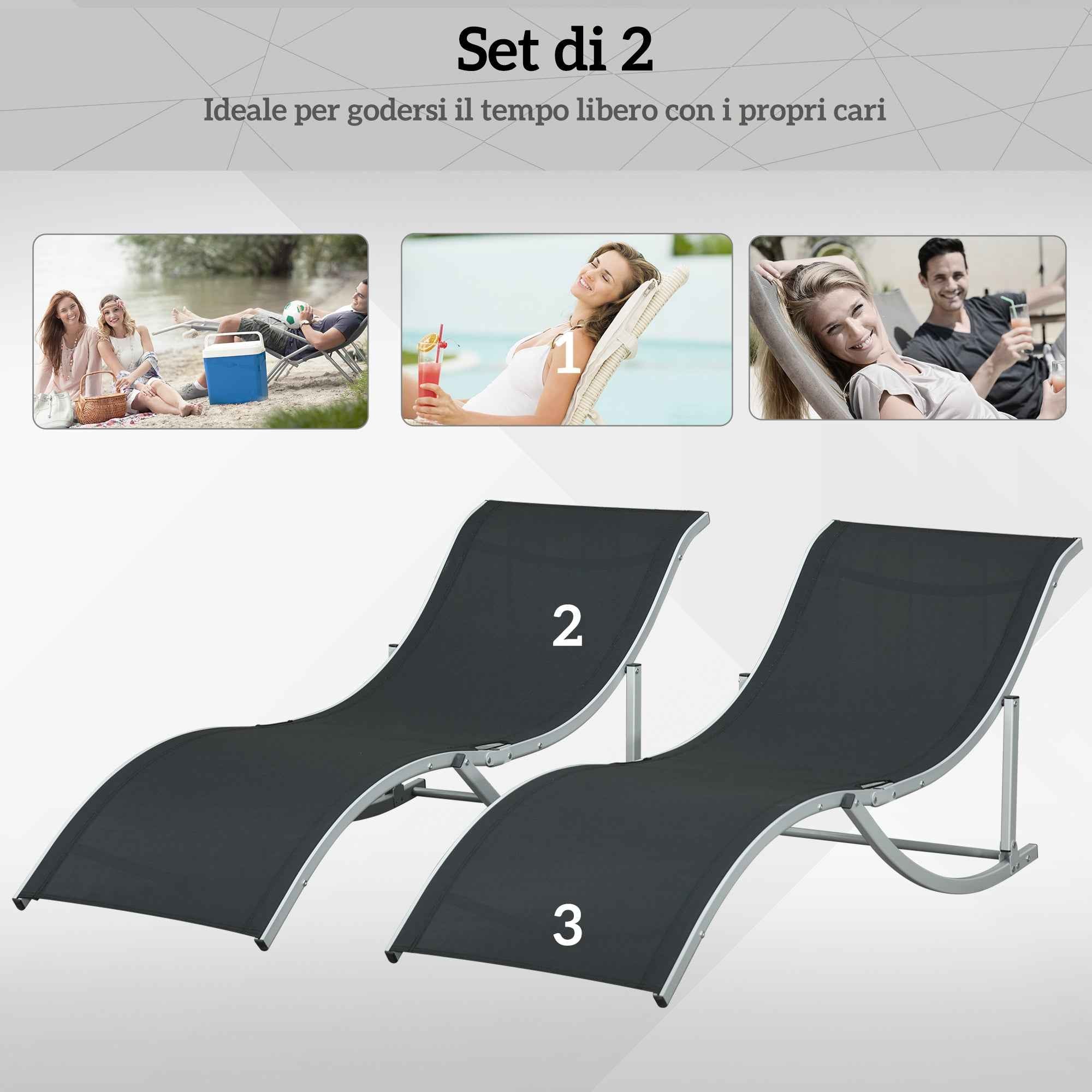 Outsunny Set of 2 Folding Garden Loungers in Aluminum and Texteline, 61x165x63 cm, Black