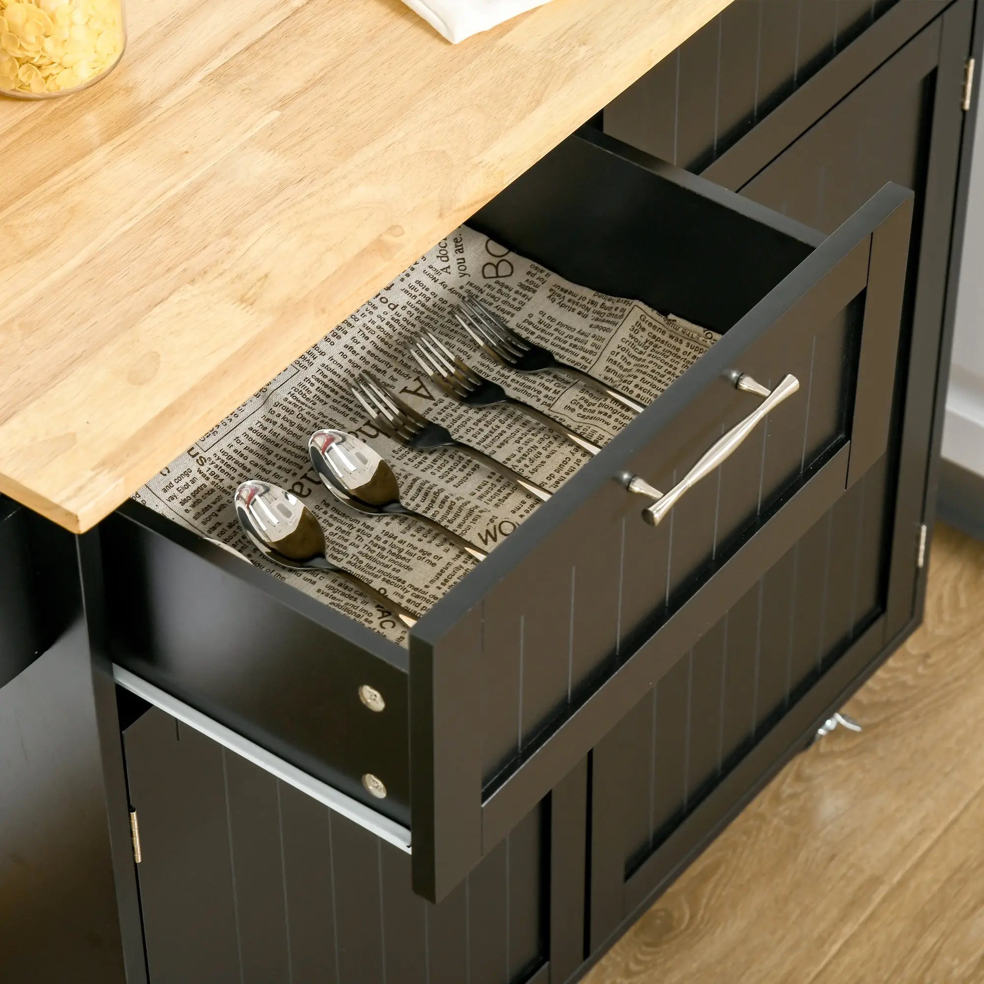 Multipurpose Wooden Kitchen Cart with 2 Drawers, Cabinet and 4 Wheels, 104x46x91cm, Black
