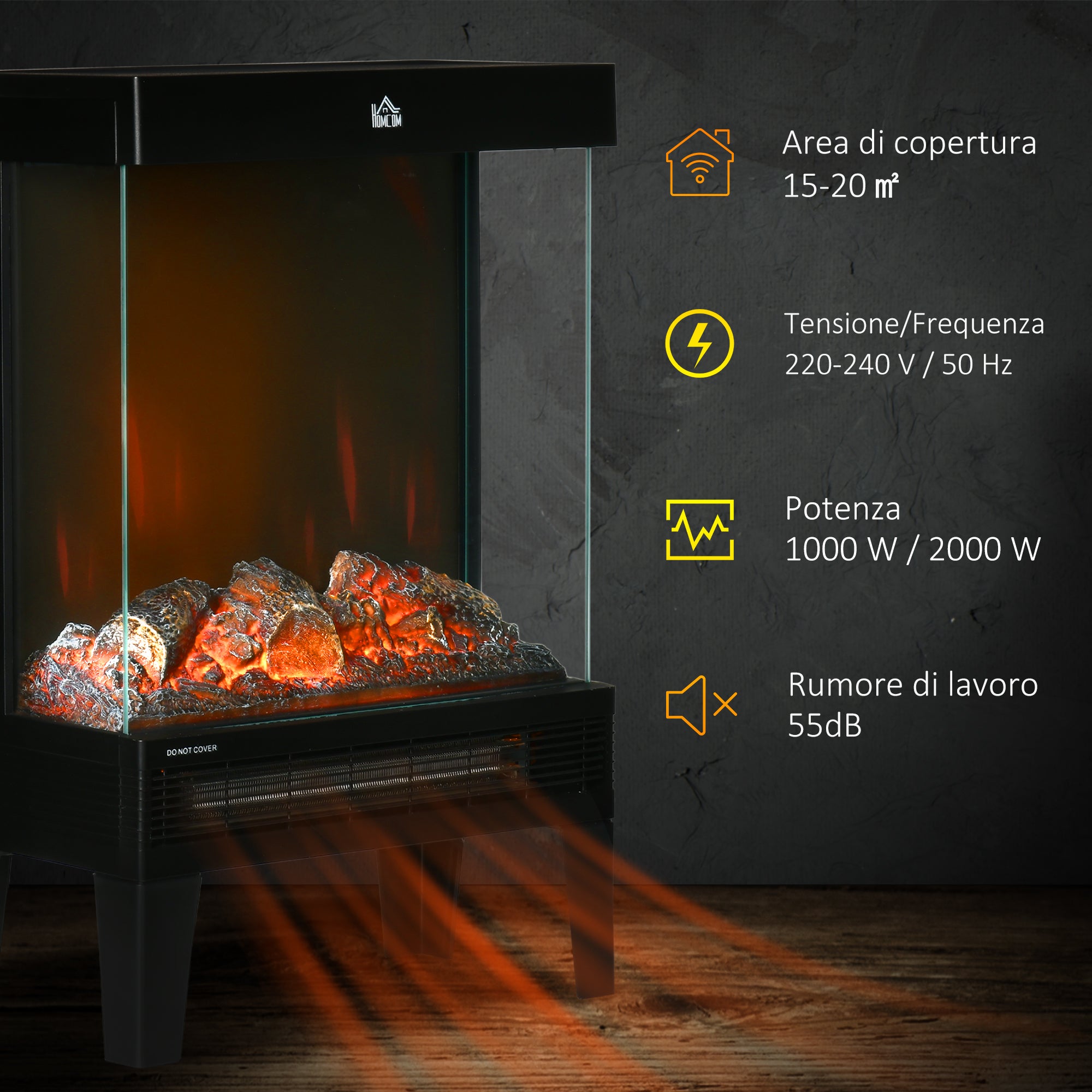 1000W / 2000W Electric Fireplace with Realistic LED Flame and Temperature Control, 40.5x20x62 cm, Black
