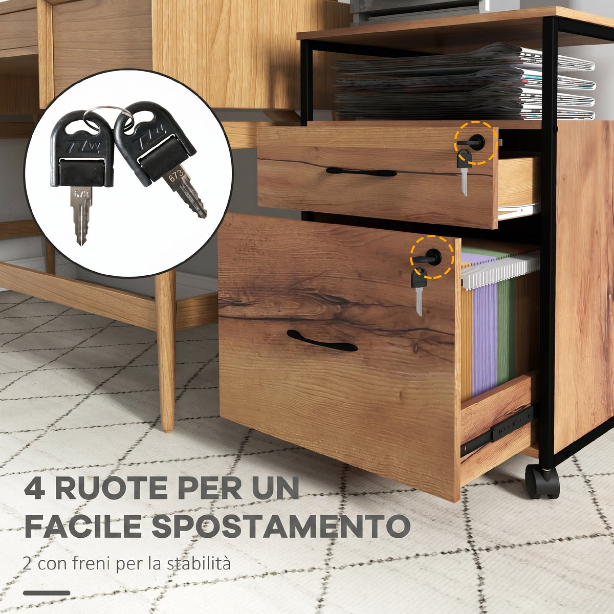 Vinsetto Office Drawer Cabinet with 2 Lockable Drawers, Mobile with Wheels and Bar for A4 and Letter Folders, 44 x 40 x 66.5 cm, Rustic Brown