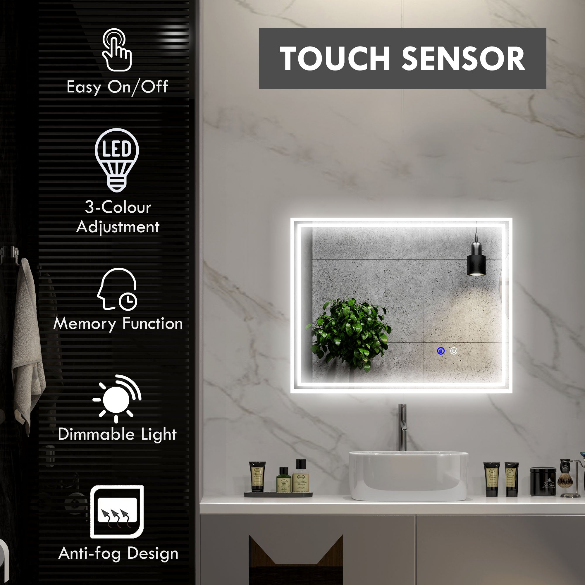 Kleankin Bathroom mirror with LED light 3 levels rectangular, anti -explaiming and touch switch, 90x70cm - Borgè