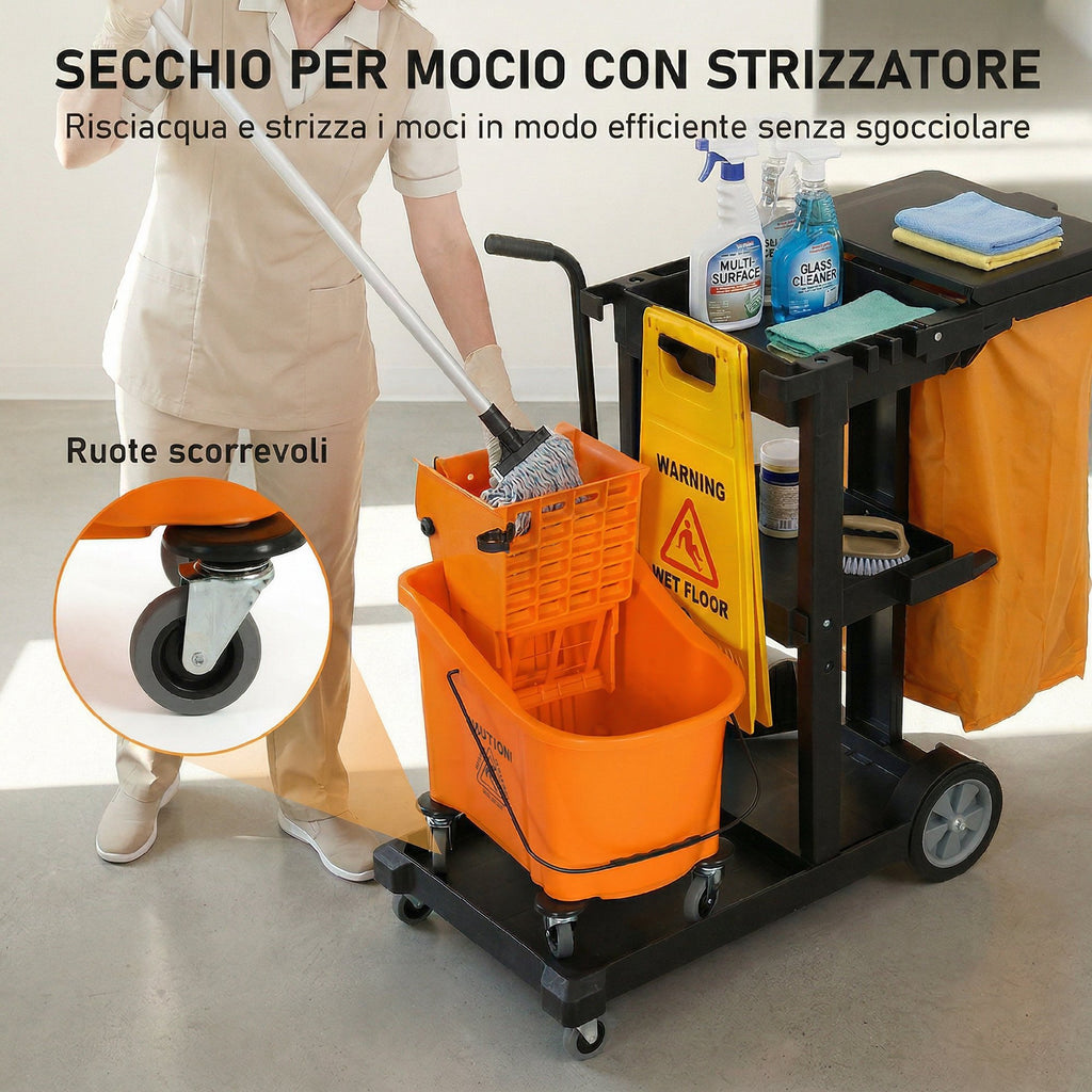 HOMCOM Cleaning Trolley: Wheels, 3 Shelves, 70L Bag, Bucket with Wringer.