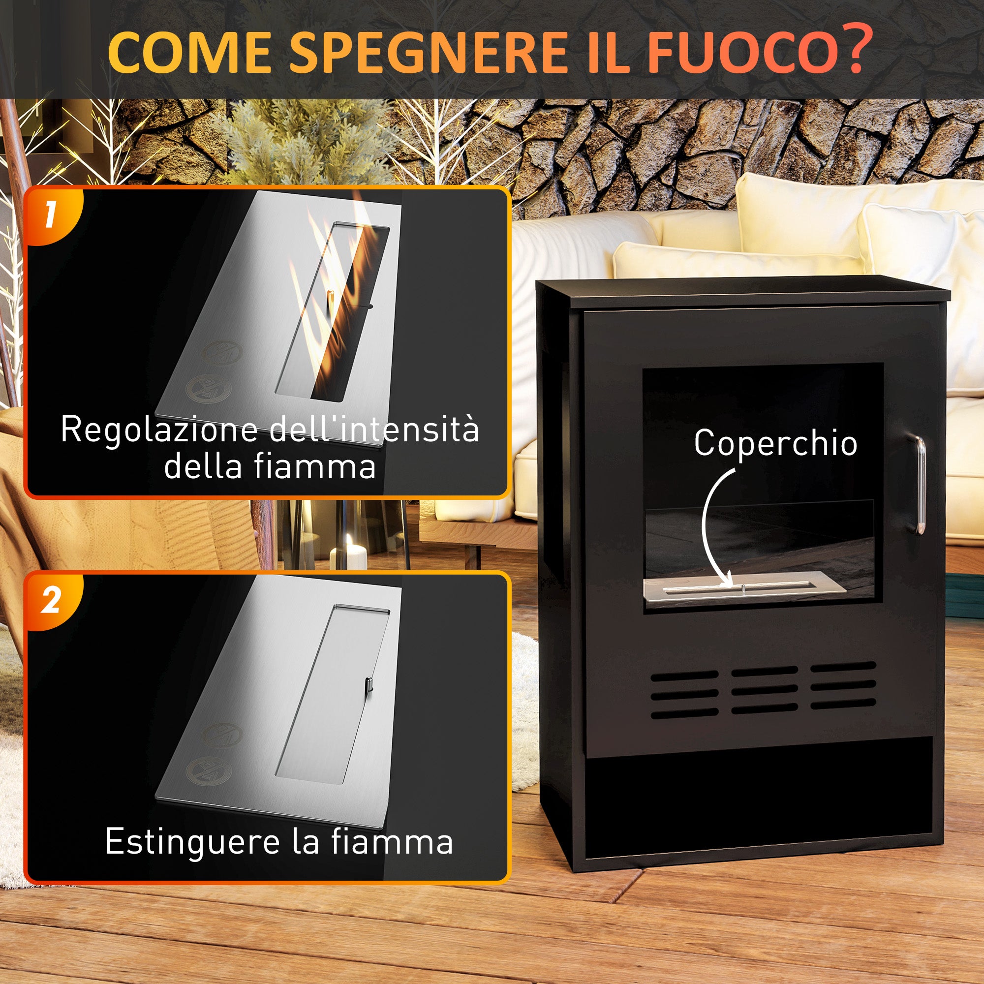 Freestanding Bioethanol Fireplace with 0.9L Burner and 3.3 Hour Duration, 44x28x68 cm, Black