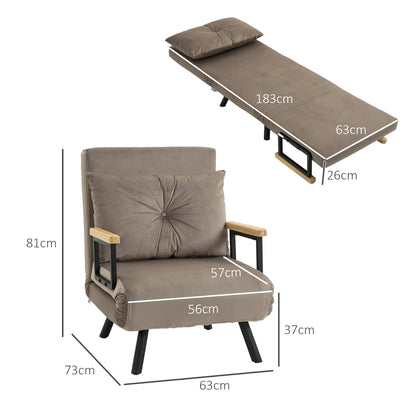 Velvet Light Brown, 3 in 1 Padded Armchair Bed with Reclining Backrest in 5 Positions and Cushion, 63x73x81 cm, Light Brown