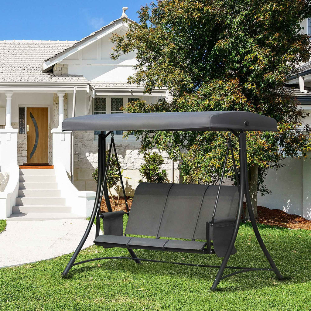 Outsunny 3-Seater Garden or Terrace Swing with Adjustable Canopy and Storage Pockets, Dark Grey, 196 x 128 x 172 cm