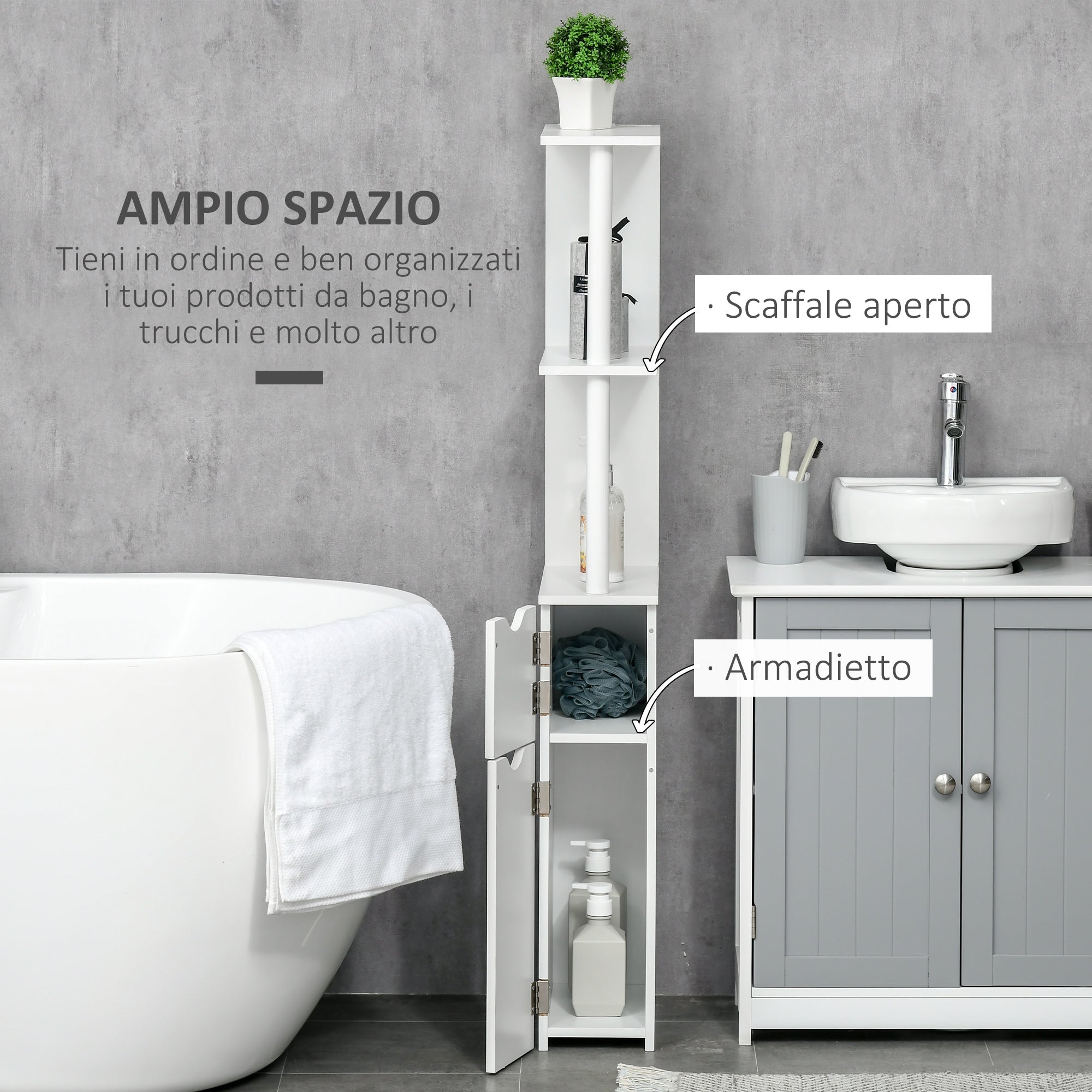 kleankin Bathroom Column with 2 Shelves and 2 Cabinets, Space-Saving Tall Cabinet 15.2x29.8x118 cm, White