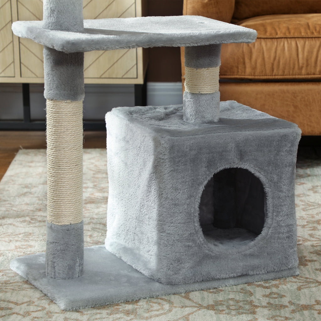 Cat Scratching Post with House, 2 Platforms and Ball, Made of Wood, Sisal and Plush, 50x30x81.5 cm, Grey