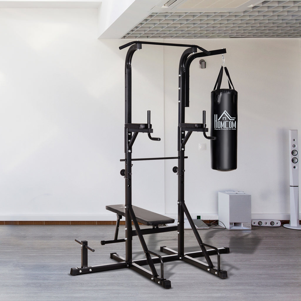Power Tower with Bench and 20kg Punching Bag, Black Steel Multi-Purpose Station for Total Body Training