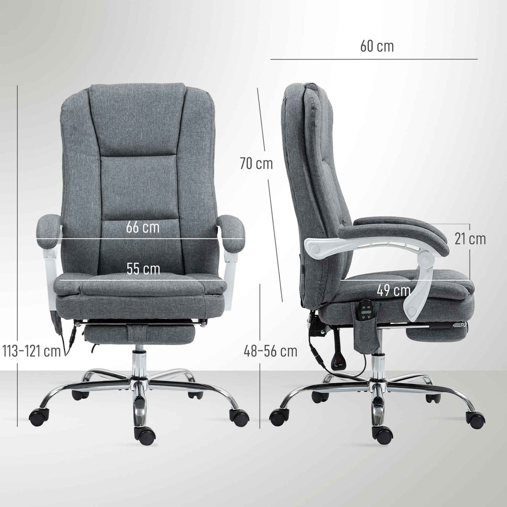Heated Massage Office Chair, Reclining Linen Fabric Chair with Footrest, Grey