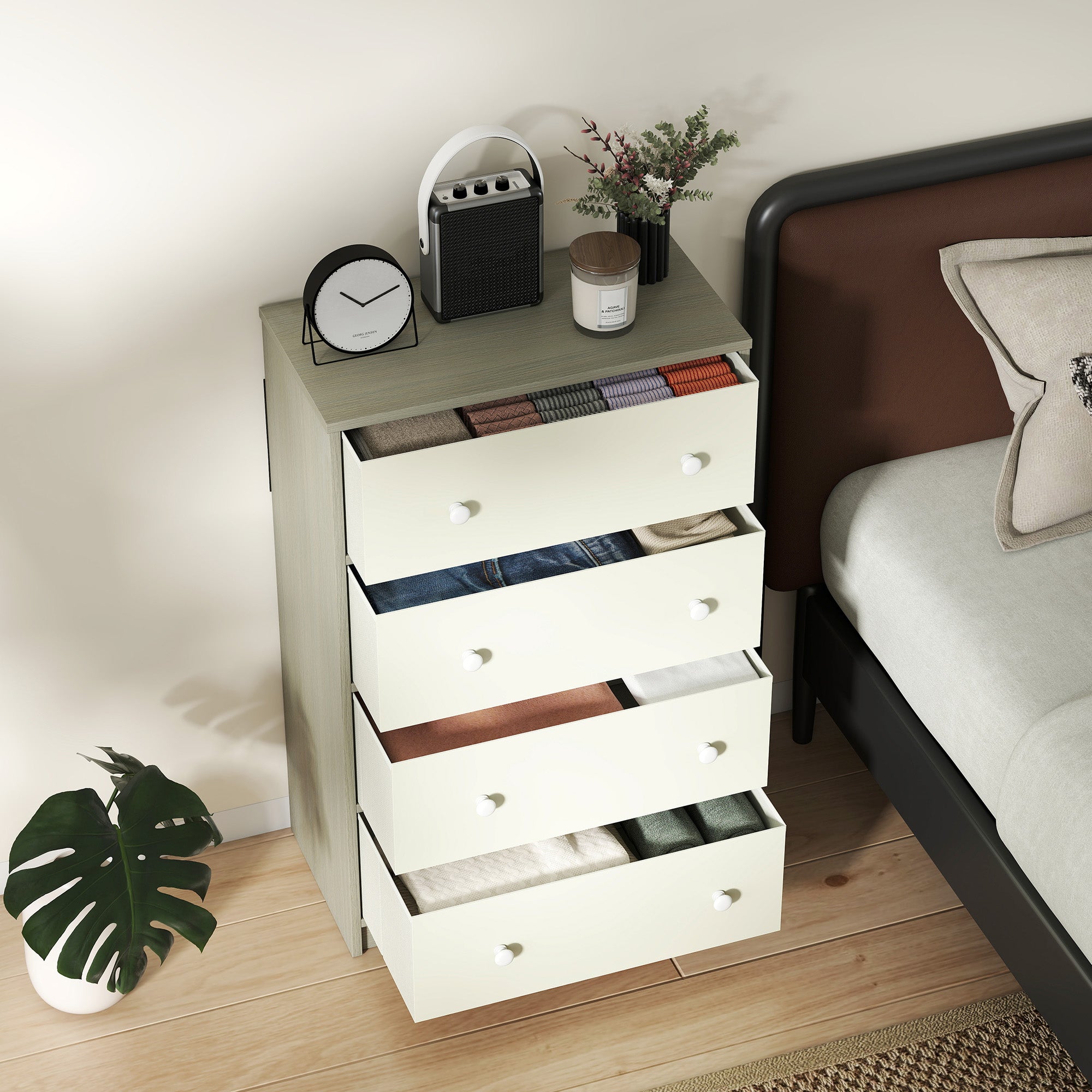 4-Drawer Folding Chest with Double Handles, Made of Wood, Steel and Fabric, 58x30x91 cm, White and Grey