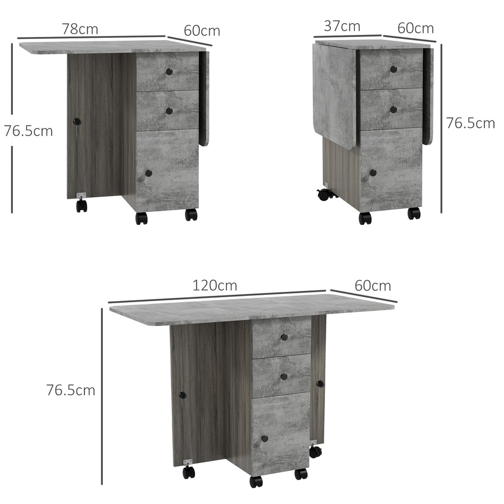 Folding Table with 2 Drawers and Cabinet, 6 Wheels and Brakes, 120x60x76.5 cm, Wood and Rock Grey