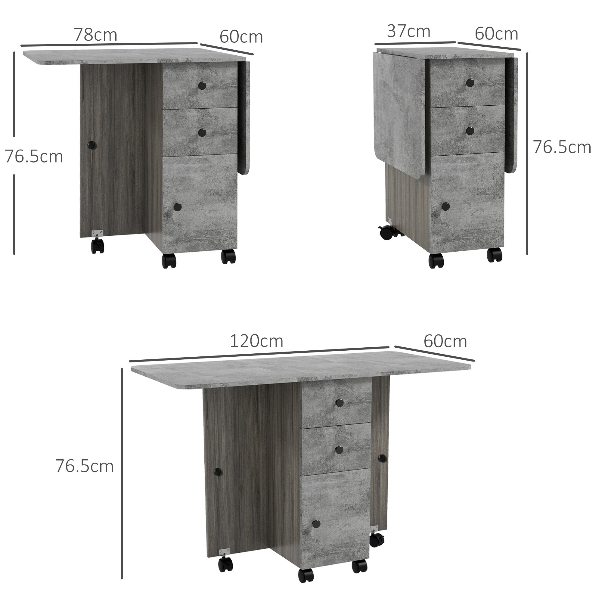 Folding Table with 2 Drawers and Cabinet, 6 Wheels and Brakes, 120x60x76.5 cm, Wood and Rock Grey
