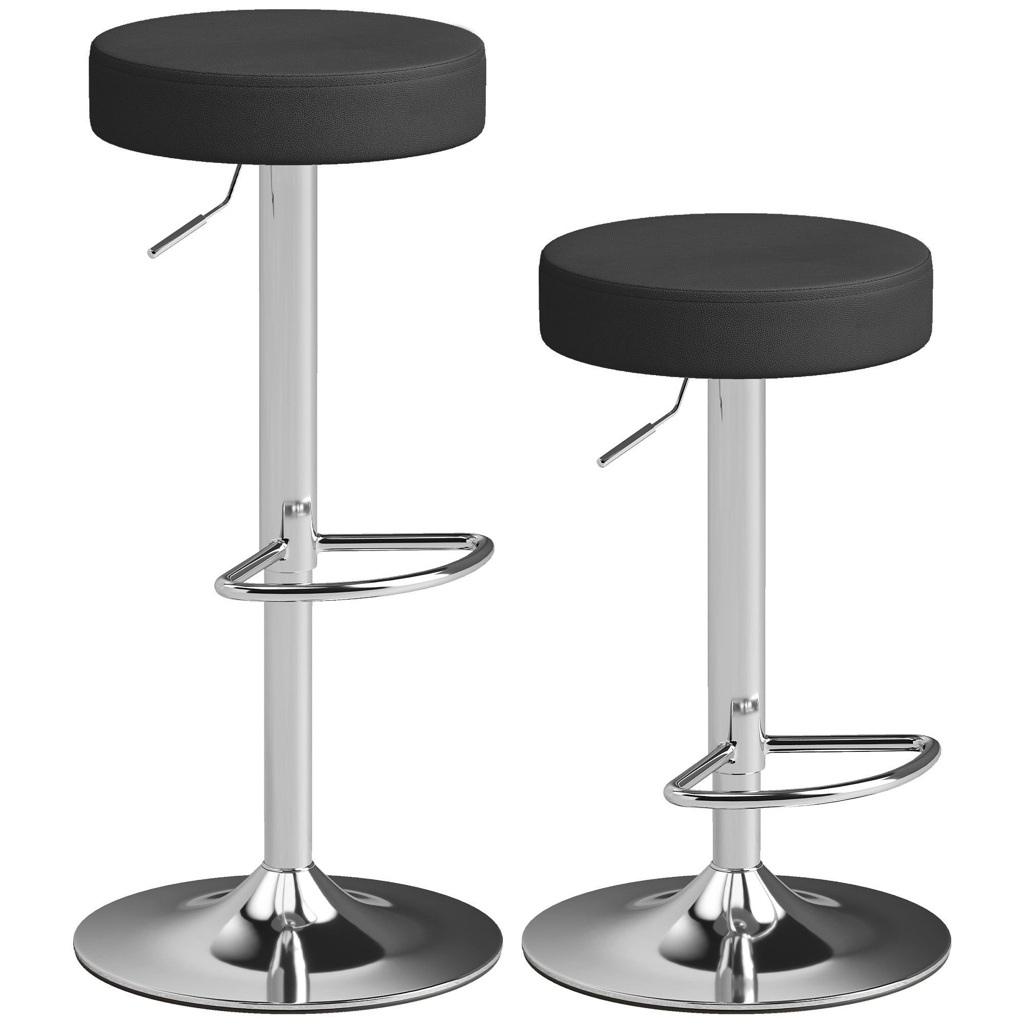 Set of 2 Modern Adjustable Bar Stools, PU Leather, Sponge, and Metal, 38.5 x 38.5 x 62-84 cm, Black