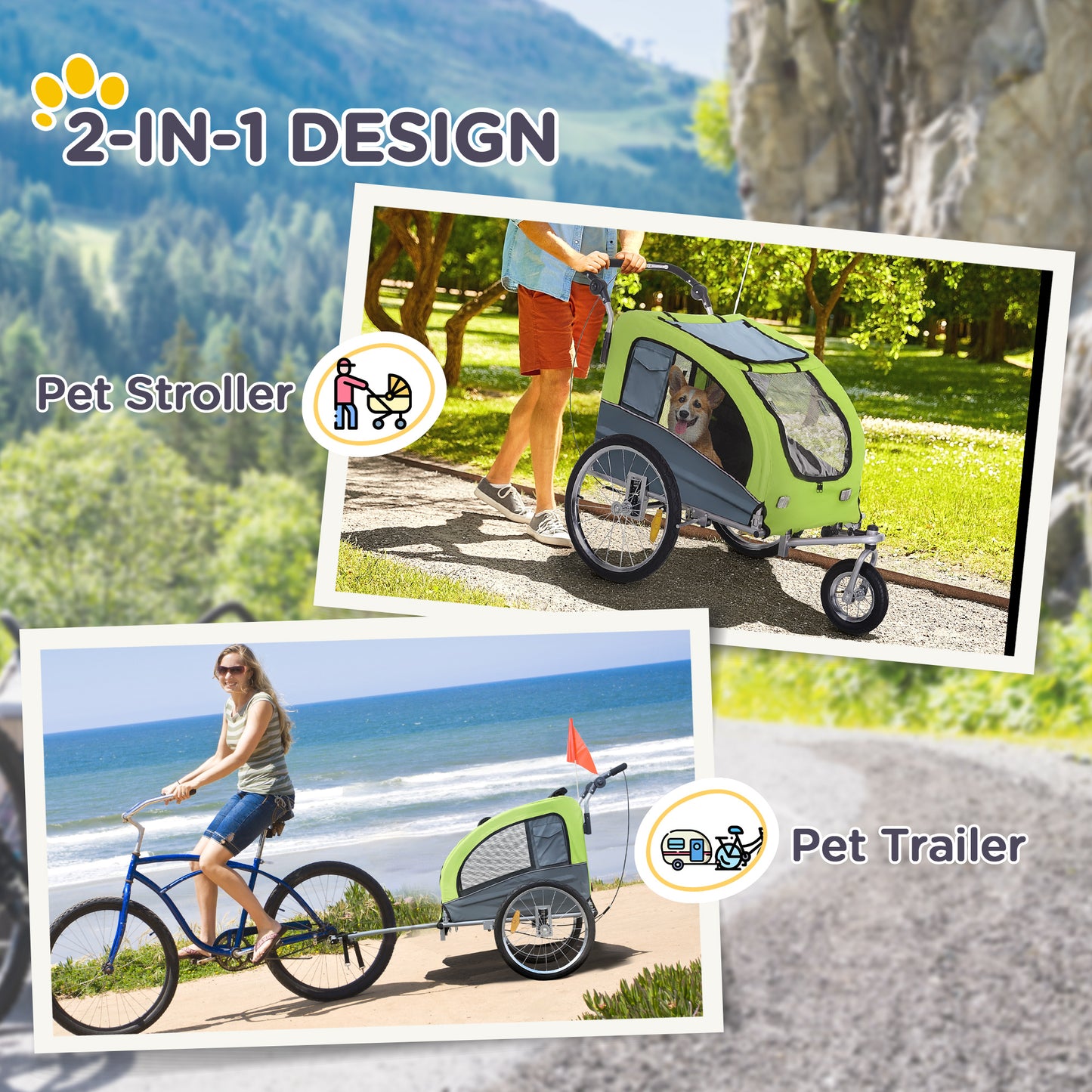 PawHut Bicycle Trailer for Medium Size Dogs with 2 Entrances with Windows and Sunroof, 126-155x83x108 cm, Green - Borgè