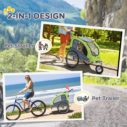 PawHut Bicycle Trailer for Medium Size Dogs with 2 Entrances with Windows and Sunroof, 126-155x83x108 cm, Green - Borgè