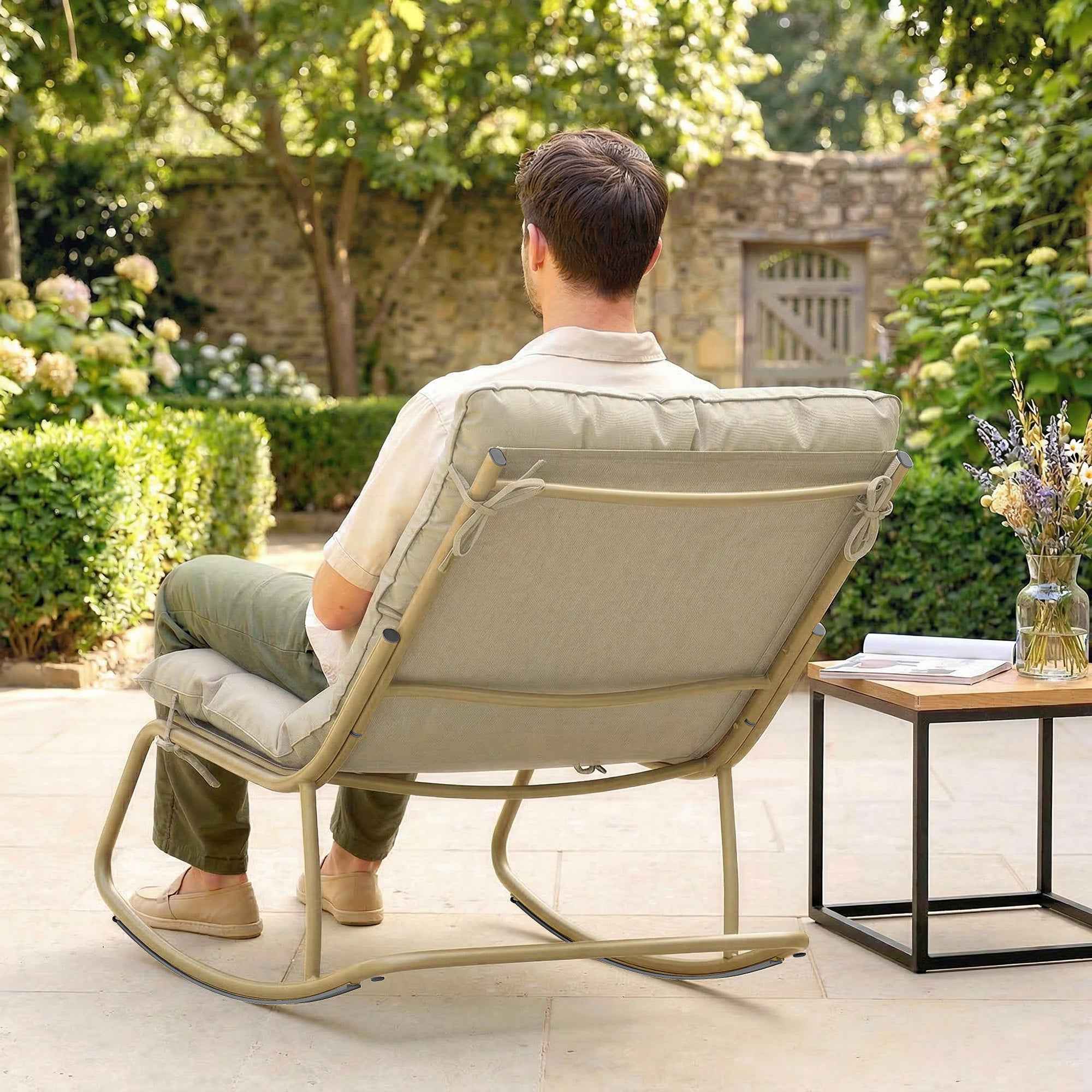 Outsunny Outdoor Rocking Chair, Seat 63 cm, Cushion Included, Khaki Color.
