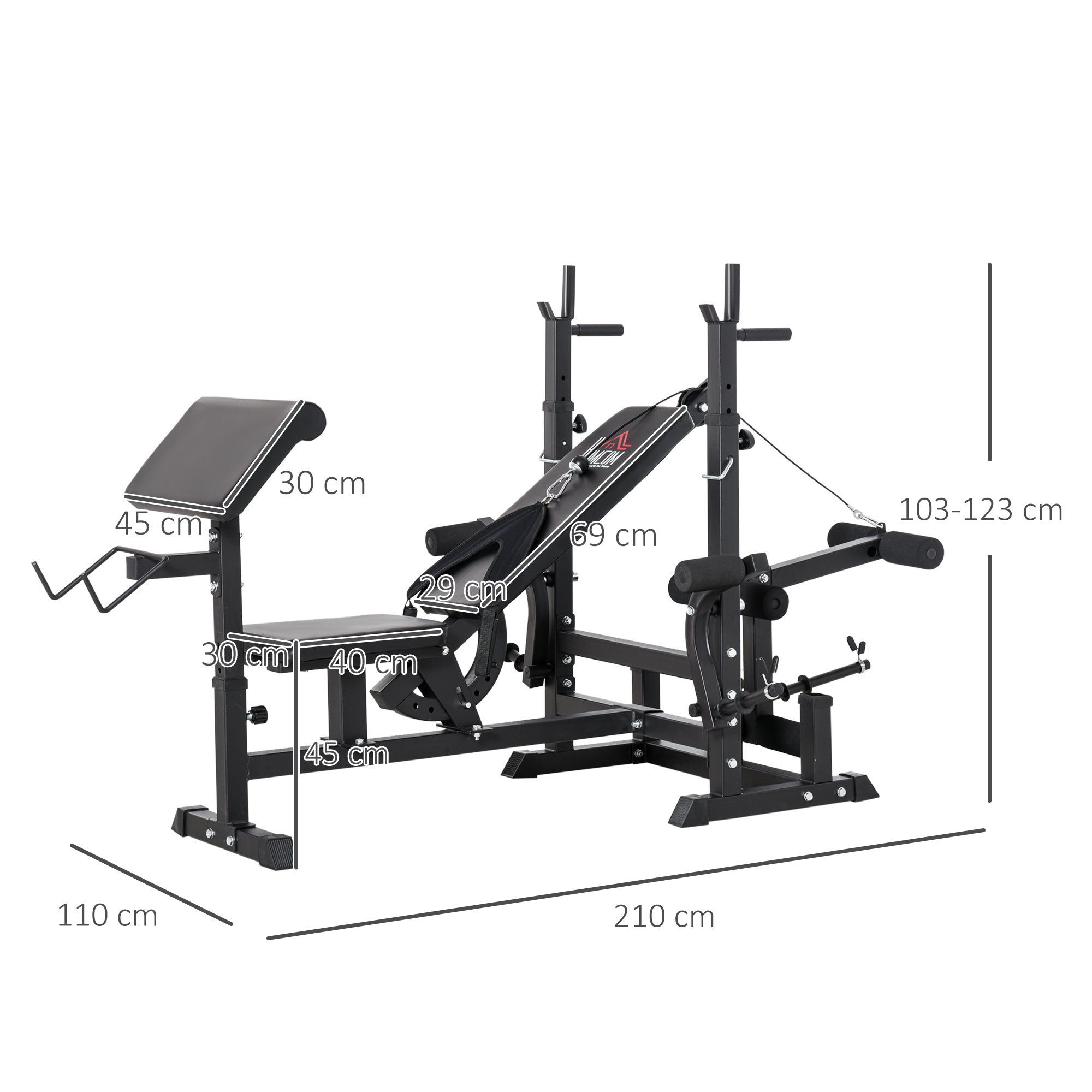 Adjustable Gym Bench with Barbell Rack, Steel and PU, 210x110x103-123 cm, Black