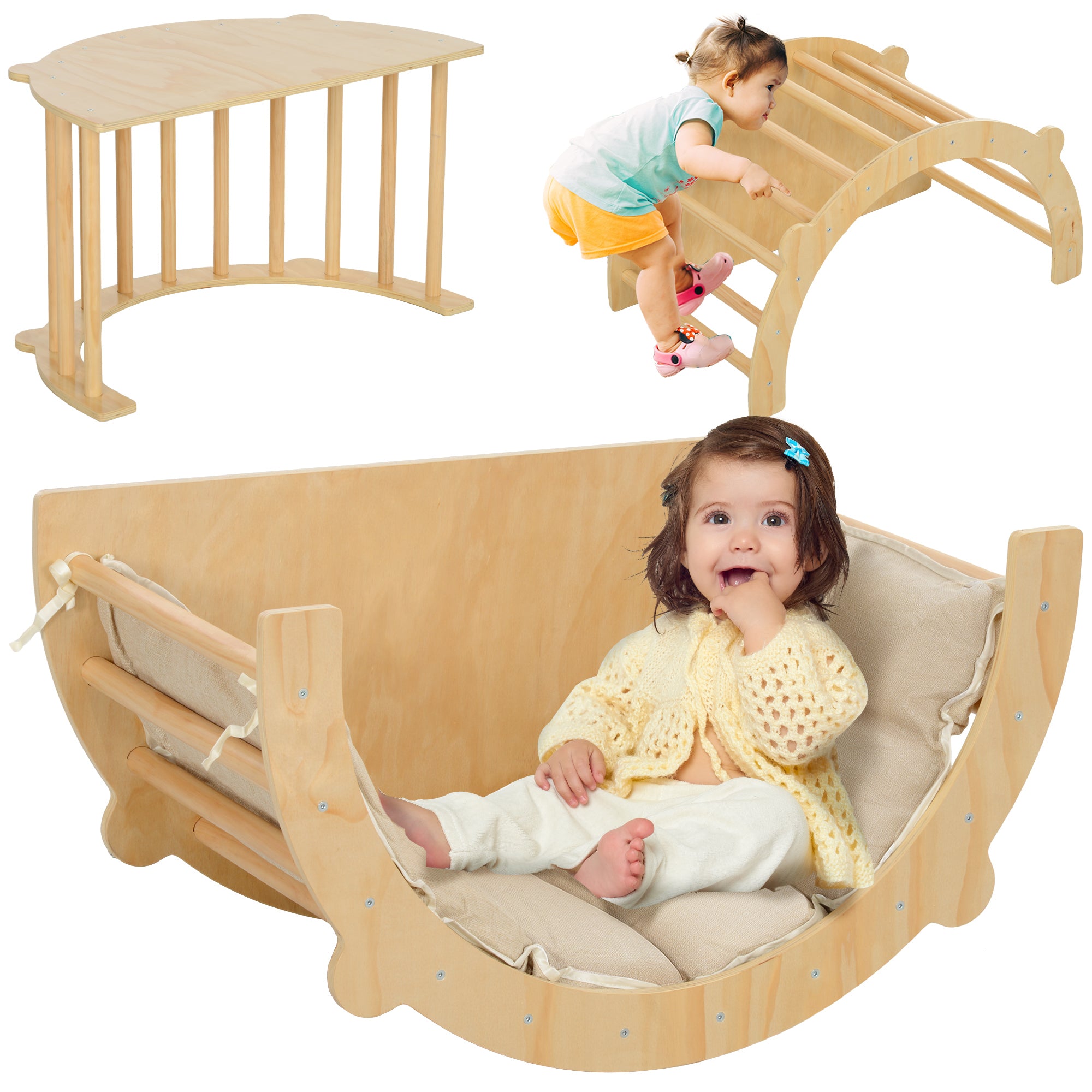3-in-1 Montessori Arch for Children 18-48 Months, Climbing Frame, Table and Swing with Cushion