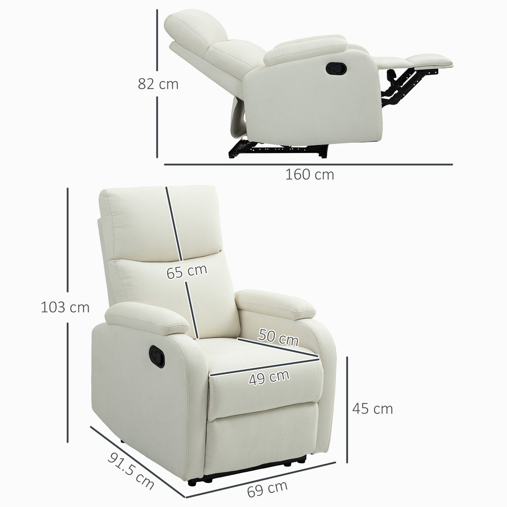 Manually Reclining Armchair at 60° Extra Padded in Fabric with Footrest, Cream