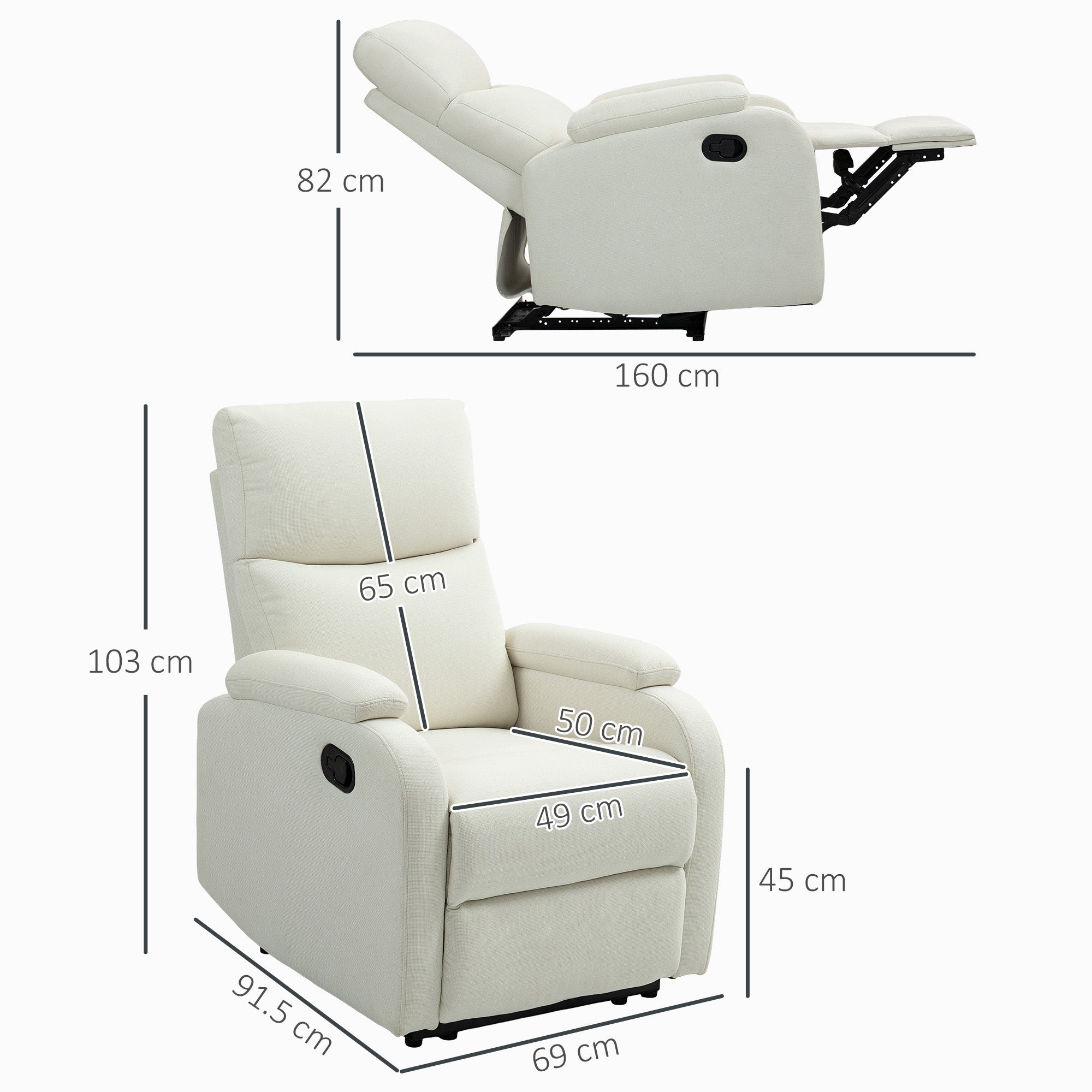 Manually Reclining Armchair at 60° Extra Padded in Fabric with Footrest, Cream
