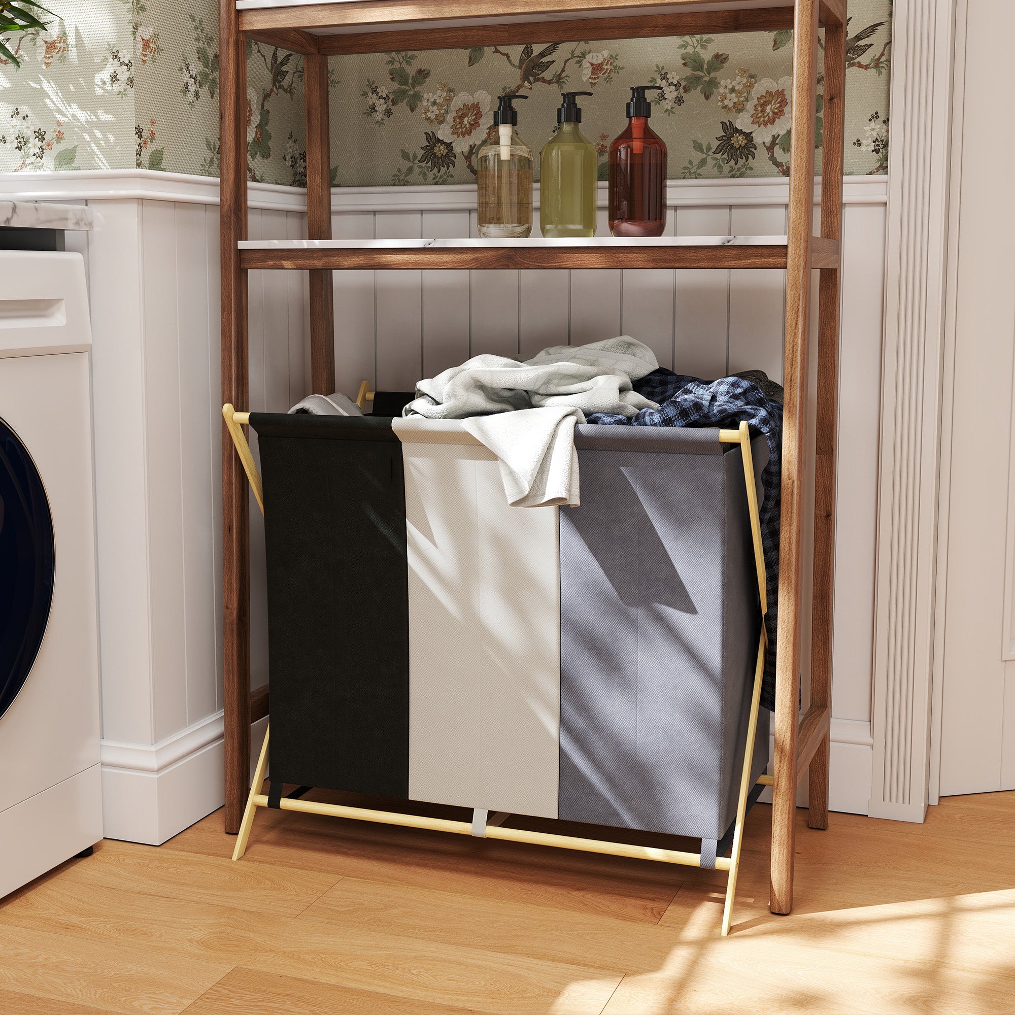 Foldable Laundry Hamper with 3 Compartments, Bamboo and Linen Effect Fabric, 75x48x67 cm, Multicolor