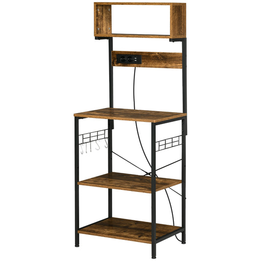 HOMCOM Kitchen Shelf with Power Strip, Shelves and Hooks Industrial Style, 60x42x153cm, Brown - Borgè