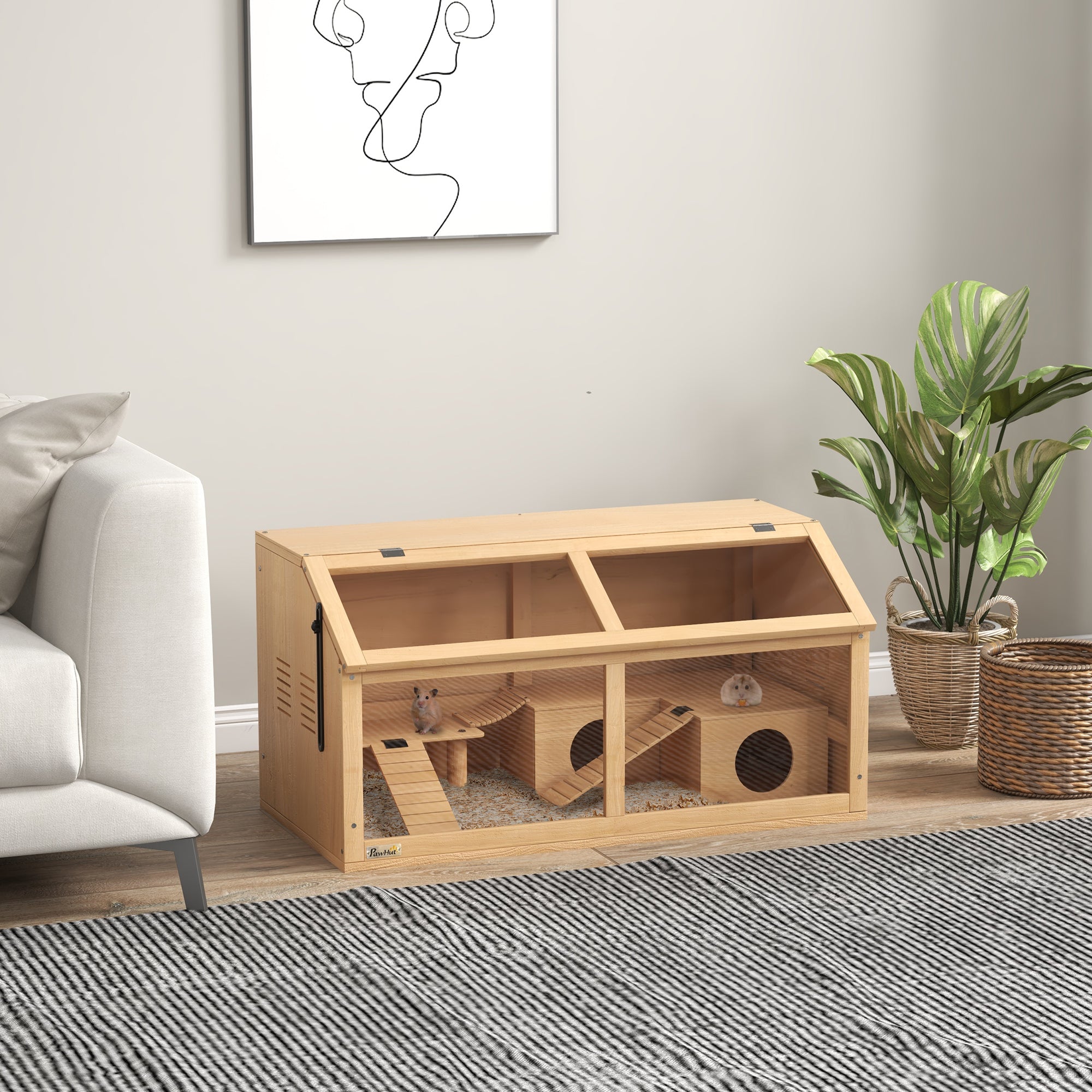 Hamster Cage with Platform, Ladders, Hut and Bridge, in Fir Wood, 85x45x44 cm - Borgè