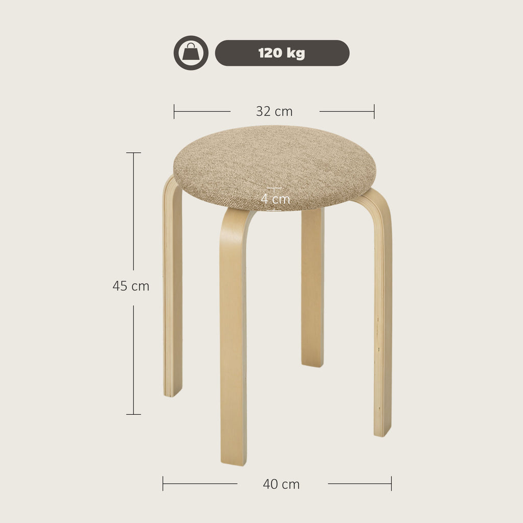 Set of 4 Stackable and Padded Stools with Fabric Upholstery and Wooden Legs, Khaki