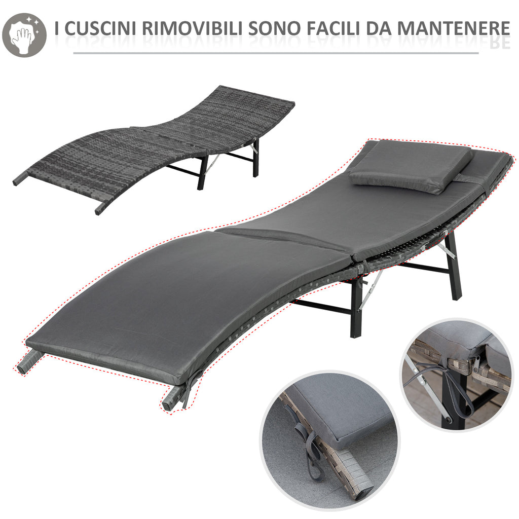 Folding Sun Loungers with Removable Cushions and Folding Table, 3-Piece Rattan Set, Grey