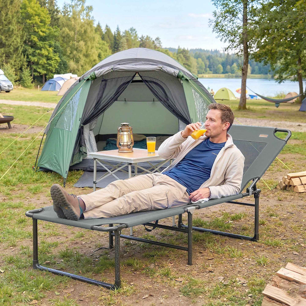 Outsunny 4-Position Reclining Outdoor Lounger, Folding Chair with Handle, Grey.