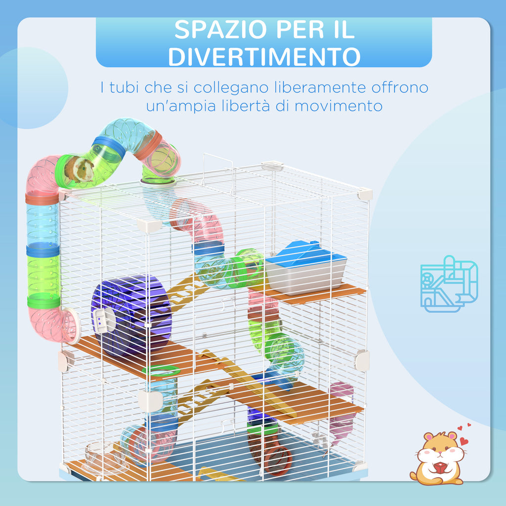 5-Level Hamster Cage with Tubes, Wheel, Ladders, House and Bottle, Made of Metal, PP and PS, 46x30x58 cm