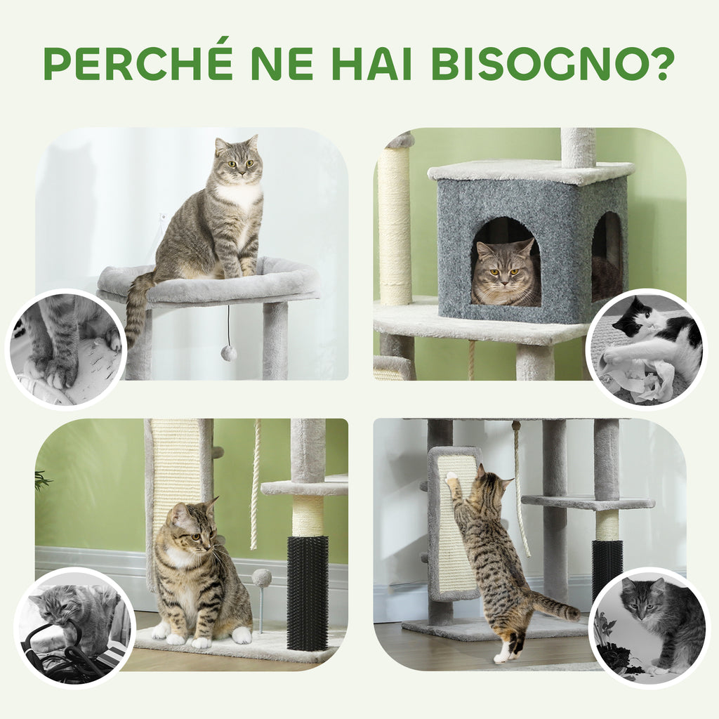 132cm High Multi-Level Cat Tree with House, Bed, Scratching Posts, Brush and Ball, Grey